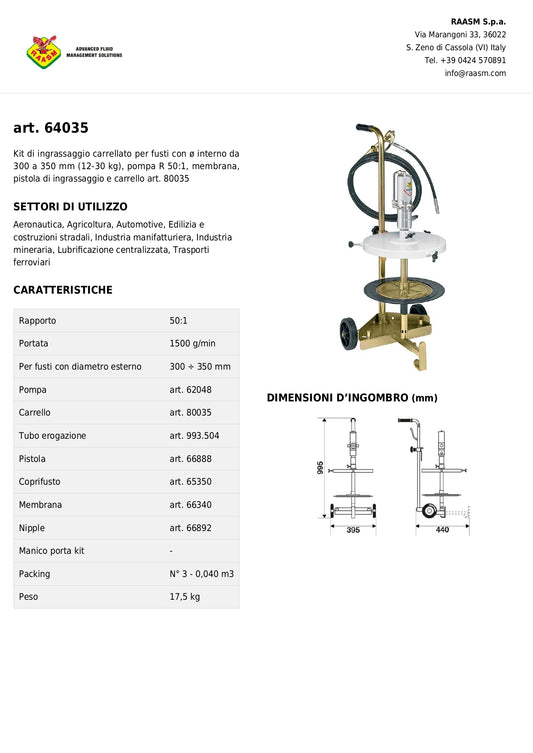 Ingrassatore RAASM 64035 KIT per fusti da 310 mm.